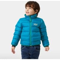 Blue Helly Hansen kids’ reversible jacket with padded design, green zipper, and HH logo on chest.