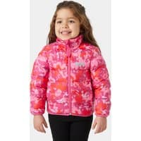 Pink Helly Hansen Kids’ Dalen Reversible Jacket with camo pattern, puffy design, and high collar.