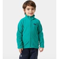 Green Helly Hansen kids fleece jacket with zip, high collar, and HH logo on chest.