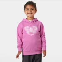 Pink Helly Hansen kids' hoodie with butterfly graphic on front, long sleeves, and hood.
