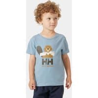 Navy Helly Hansen kids' T-shirt with graphic of a bear holding a paddle, "HH" logo beneath, short sleeves.