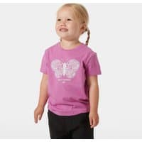 Pink Helly Hansen kids' graphic T-shirt featuring a white butterfly design on the front.
