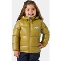 Brown Helly Hansen kids' down winter jacket with hood, front zipper, and HH logo on chest.