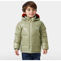Green Helly Hansen kids' down winter jacket with hood, red lining, and front zipper, worn by a child.