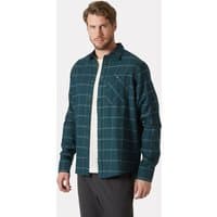 Green Helly Hansen flannel shirt, long sleeves, plaid pattern, button-up front, chest pocket, men's size L.