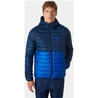 Blue Helly Hansen hooded insulator jacket with quilted design, front zipper, and two-tone blue color scheme, size XL.