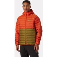 Orange Helly Hansen men's hooded insulator jacket with green panels, quilted design, and front zipper, size XL.