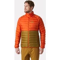 Orange Helly Hansen men's Banff Insulator jacket, quilted design, olive green lower section, high collar, size L.