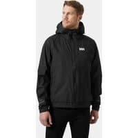 Black Helly Hansen men's rain jacket, 2XL, with hood, front zipper, and logo on chest.