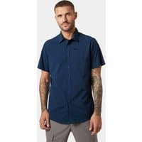 Blue Helly Hansen short sleeve shirt, button-up, collared, with subtle logo on chest, worn by a model.