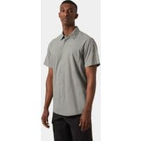 Grey Helly Hansen short sleeve shirt, button-up, collared, lightweight fabric, worn by a model, size L.