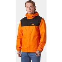 Orange Helly Hansen rain jacket with black shoulders, hood, and logo, worn by a model, size M.