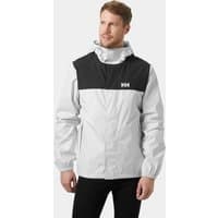 White Helly Hansen rain jacket, black yoke, hooded, 2XL size, with logo on chest, elastic cuffs, and front zipper.