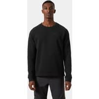 Black Helly Hansen crewneck sweater, long sleeves, ribbed cuffs, subtle logo on chest, size L.