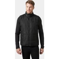 Black Helly Hansen men’s insulated vest with high collar, quilted pattern, and front zipper, size 2XL.