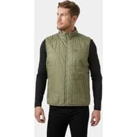 Green Helly Hansen men's insulated vest, quilted design, high collar, front zipper, size L.