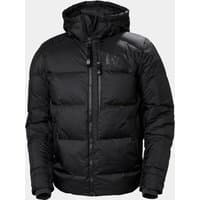 Black Helly Hansen men's winter parka with hood, front zipper, and quilted design, size S.