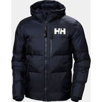 Navy Helly Hansen men's winter parka with hood, front zipper, and HH logo on chest.