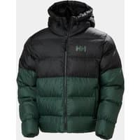 Green and black Helly Hansen men's puffy jacket with hood, front zipper, and logo on chest.
