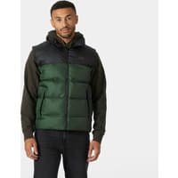 Green Helly Hansen men's puffy vest, size S, with black shoulders and zip closure, worn over a dark hoodie.