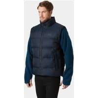Navy blue Helly Hansen men's puffy vest in 2XL, with high collar and zip closure, worn over a long-sleeve shirt.