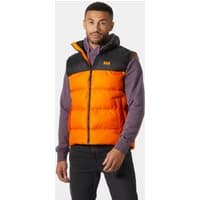 Orange Helly Hansen puffy vest with black shoulders, front zipper, and logo on chest, worn by a male model.