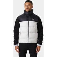 White Helly Hansen men's puffy vest, 2XL, with black shoulders and collar, front zipper, and logo on chest.