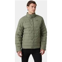 Green Helly Hansen quilted jacket, insulated with snap buttons, high collar, and logo on chest, worn by male model.