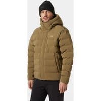 Brown Helly Hansen men's puffy jacket, XL, with hood, front zipper, and two side pockets.
