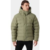 Green Helly Hansen men's puffy jacket, 2XL, with hood, quilted design, and front zipper closure.