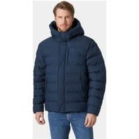 Navy Helly Hansen men's puffy jacket, hooded, quilted design, front zipper, size XL.