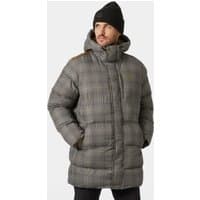 Brown Helly Hansen men's Alby puffy parka with hood, quilted design, and front zipper, size M.