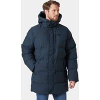 Navy Helly Hansen men's puffy parka with hood, front zipper, and button closure, size 2XL.