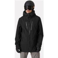 Black Helly Hansen men's ski shell jacket with hood, zippered chest pockets, and adjustable cuffs, size XL.