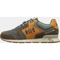 Green Helly Hansen Anakin Leather 2.0 Sneaker, brown accents, lace-up, size 8.5, with HH logo on side.