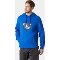 Blue Helly Hansen hoodie with drawstrings and front logo, worn by a male model, medium size.