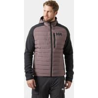 Grey Helly Hansen men's jacket with quilted front, black sleeves, hood, and HH logo on chest.