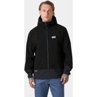 Black Helly Hansen men's hooded jacket with front zipper, logo on chest, elastic cuffs, and adjustable hood, size M.