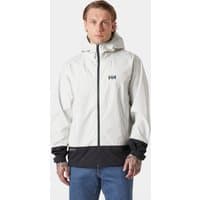 White Helly Hansen hooded jacket with black hem, front zipper, and logo on chest, worn by a male model.
