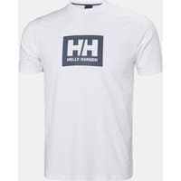 White Helly Hansen men's T-shirt with navy HH logo on chest, short sleeves, crew neck, size medium.