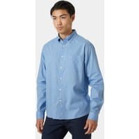Blue Helly Hansen men's button-up shirt, long sleeves, collared, casual fit, medium size.
