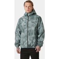 Black Helly Hansen rain jacket, hooded, zip-up front, Helly Hansen logo on chest, elastic cuffs, size XL.