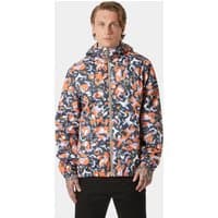 Orange and gray camo-patterned Helly Hansen men's rain jacket with hood, front zipper, and elastic cuffs, size 2XL.