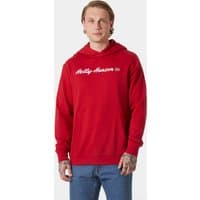 Red Helly Hansen men's hoodie with white logo text, front pocket, and drawstring hood, size XL.