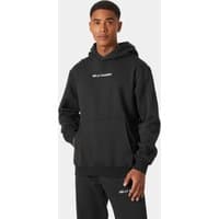 Black Helly Hansen men's cotton fleece hoodie with logo on chest, front pocket, and drawstring hood.