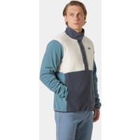 Navy Helly Hansen pullover with snap collar, contrasting light and dark blue panels, and logo on chest.
