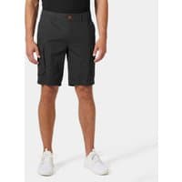 Grey Helly Hansen men's cargo shorts with side pockets, belt loops, and knee-length fit, size 33.