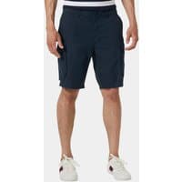 Navy Helly Hansen men's cargo shorts with side pockets, belt loops, and button closure, worn by a model.