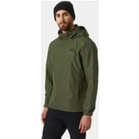 Green Helly Hansen men's rain jacket with hood, zip front, and logo on chest, size S.