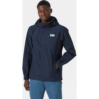 Navy Helly Hansen men's rain jacket with hood, front zipper, and logo on chest, size M.